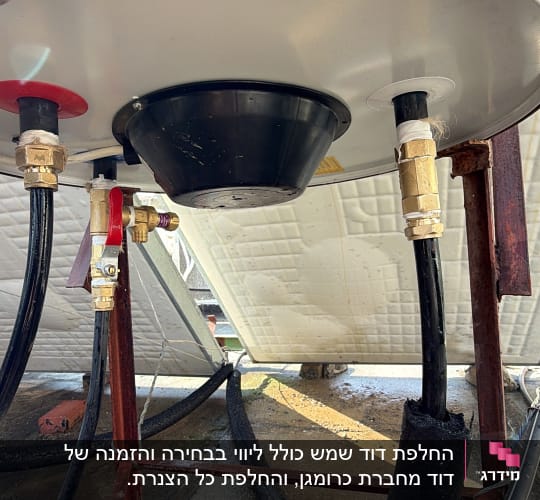 חלק תחתון של דוד שמש עם צינורות וחיבורים